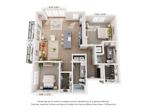 A 3D floor plan of a small apartment with a kitchen, living room, and bathroom.